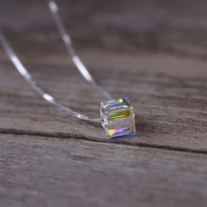 925 Sterling Silver Jewelry Light Candy Square Crystal Pendant Necklace For Women