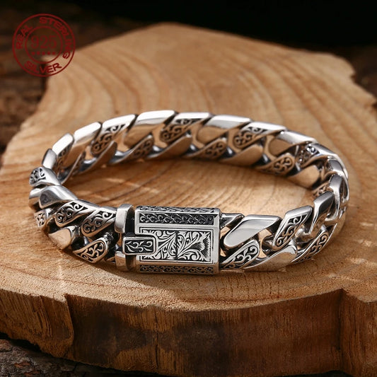 S925 Sterling Silver Vine Garland Buckle Men’s Bracelet | Retro Punk Tank Design, Creative Handmade Jewelry, Unique Gift