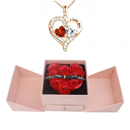Golden Heart Pendant Necklace with Love Rose Bow Gift Box