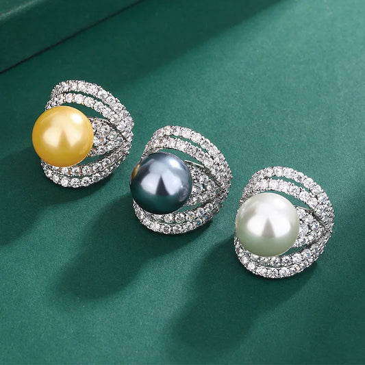 925 Sterling Silver 14mm Pearl Ring – Luxury Zirconia Geometric Design