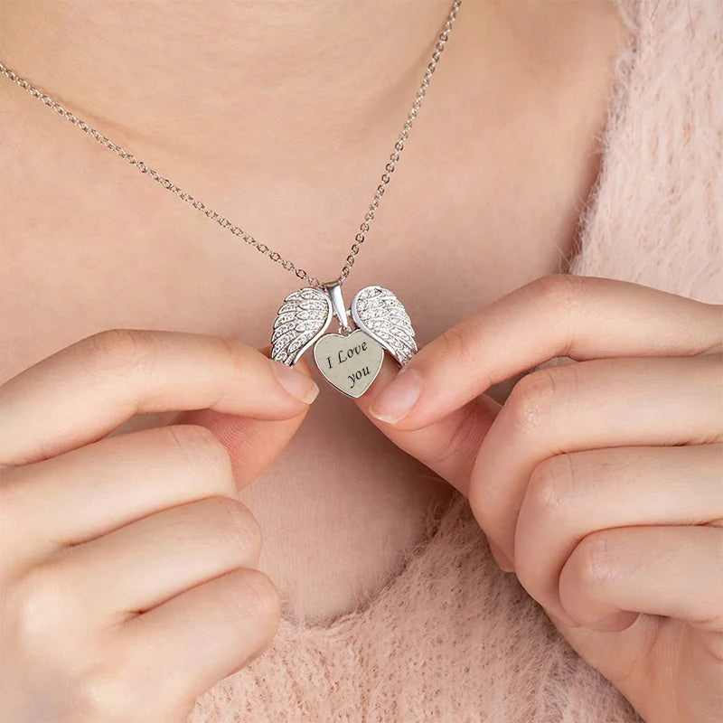 Uniqueura Custom Text Angel Wings Locket Necklace for Women Angel