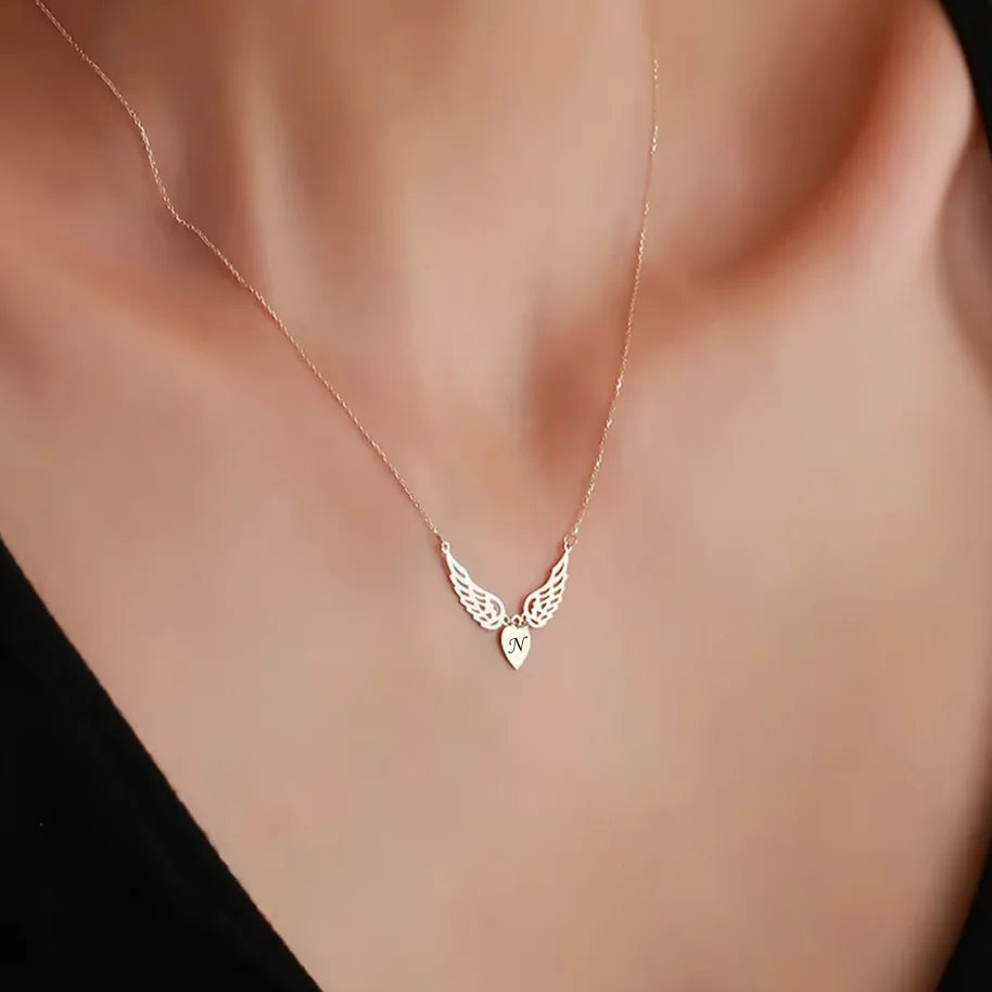 Custom Engraved Letters Angel Wings Heart Pendant Necklace For Women