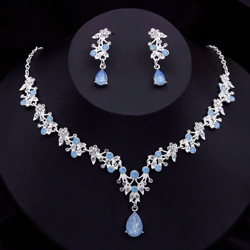Blue Crown Bridal Jewelry Sets for Women Opal tiara Necklace Earrings Sets