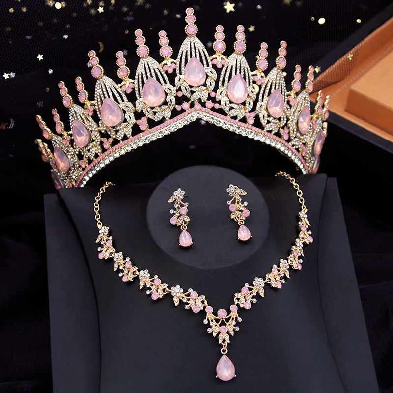 Blue Crown Bridal Jewelry Sets for Women Opal tiara Necklace Earrings Sets