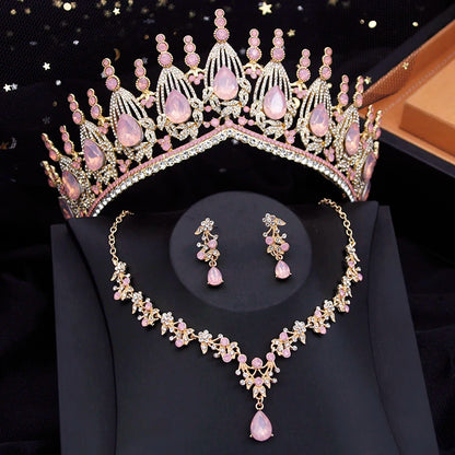 Blue Crown Bridal Jewelry Sets for Women Opal tiara Necklace Earrings Sets