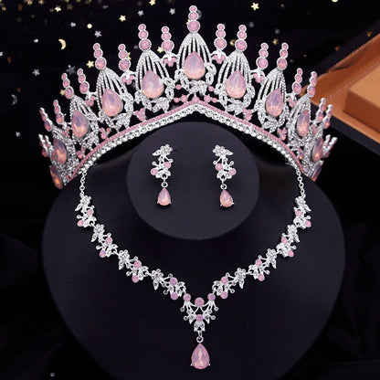 Blue Crown Bridal Jewelry Sets for Women Opal tiara Necklace Earrings Sets