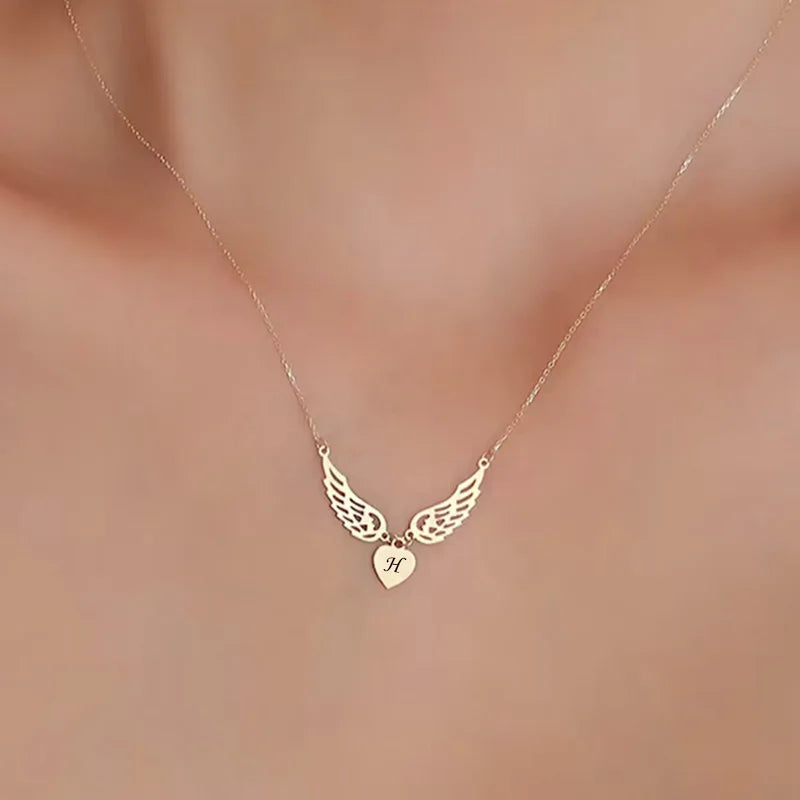 Custom Engraved Letters Angel Wings Heart Pendant Necklace For Women