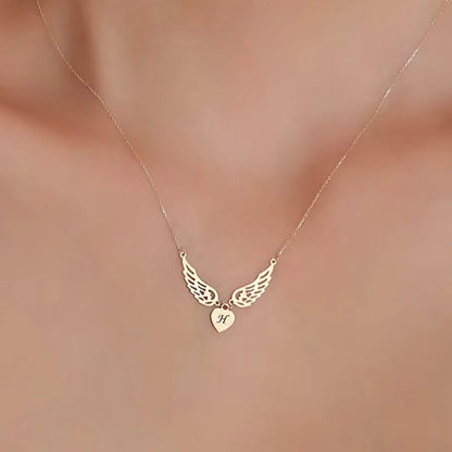 Custom Engraved Letters Angel Wings Heart Pendant Necklace For Women