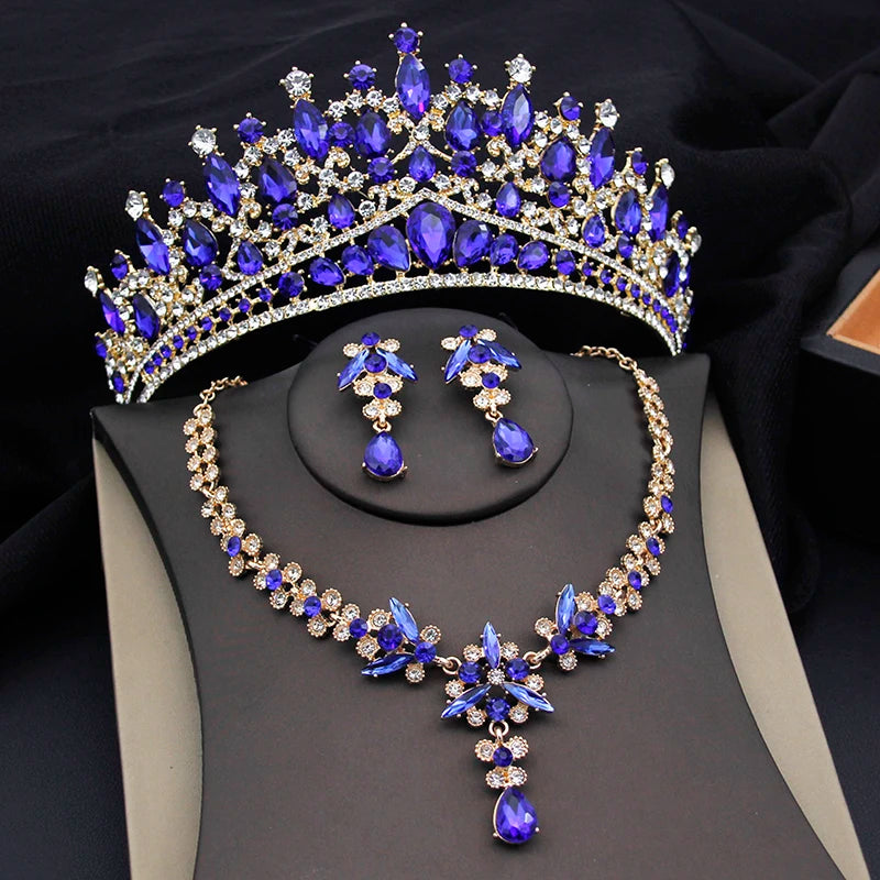 Purple Crystal Tiaras and Necklace Earrings Crown Bridal Sets Jewelry