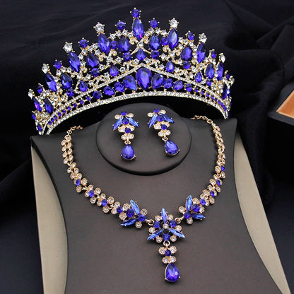 Purple Crystal Tiaras and Necklace Earrings Crown Bridal Sets Jewelry