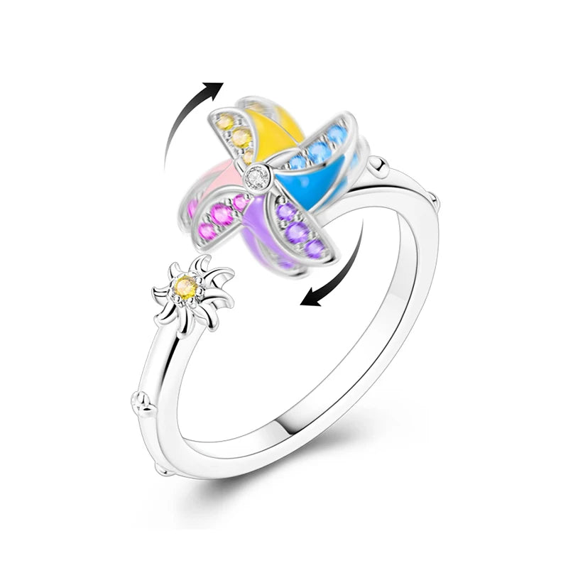 925 Silver Color with Blue Zircon Butterfly Leaf Flower Rings