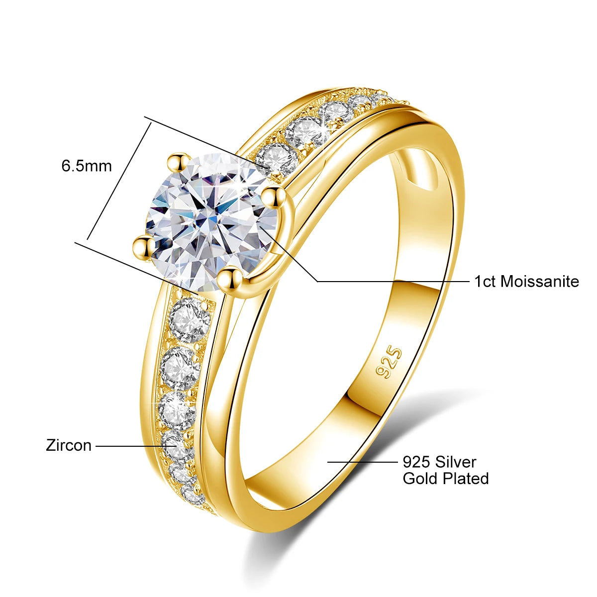 1 Carat Moissanite Ring for Women 925 Silver, Rhodium Plated, Certified Jewelry