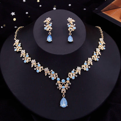 Blue Crown Bridal Jewelry Sets for Women Opal tiara Necklace Earrings Sets