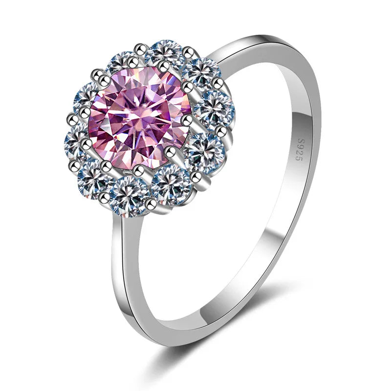 Round Cut Flower Shape 1CT Blue Green Moissanite Ring S925 Silver