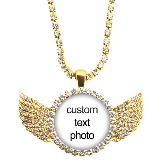 Custom Crystal Angel Wing Photo Necklace Personalized Glass Cabochon Pendant
