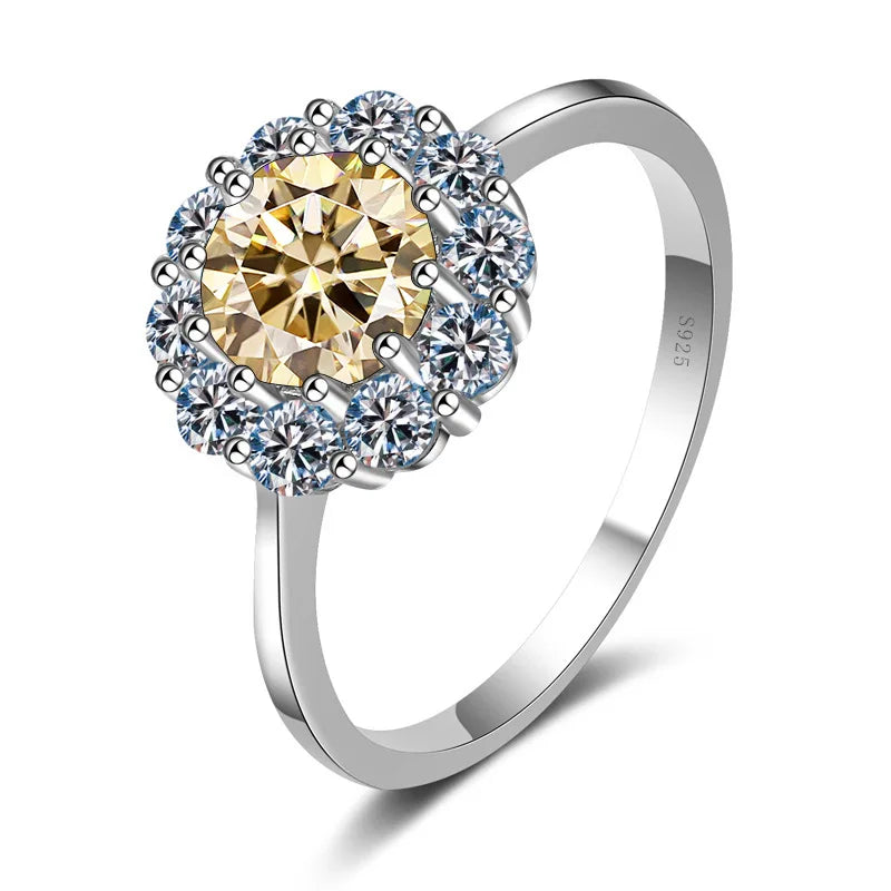 Round Cut Flower Shape 1CT Blue Green Moissanite Ring S925 Silver