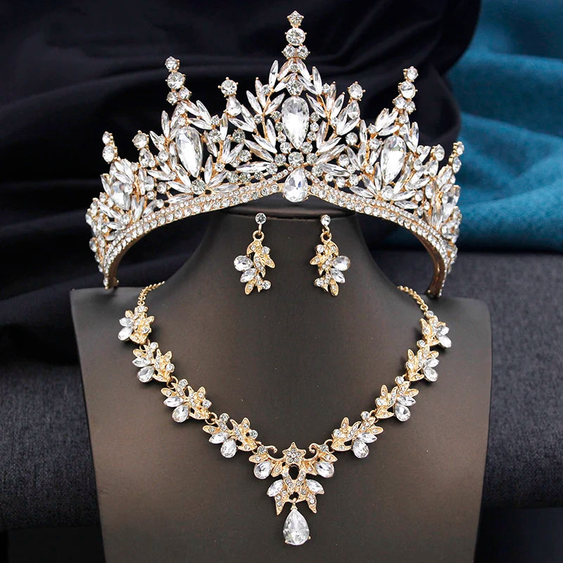 Royal Queen 3 Pcs Tiaras and necklace earrings for Bridal Jewelry Sets
