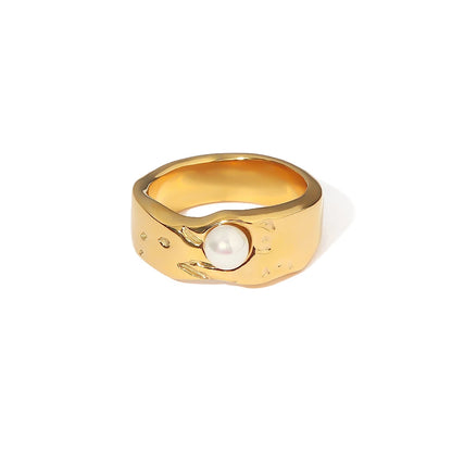 Stainless Steel Geometric Gold Ring with Imitation Pearls for Women