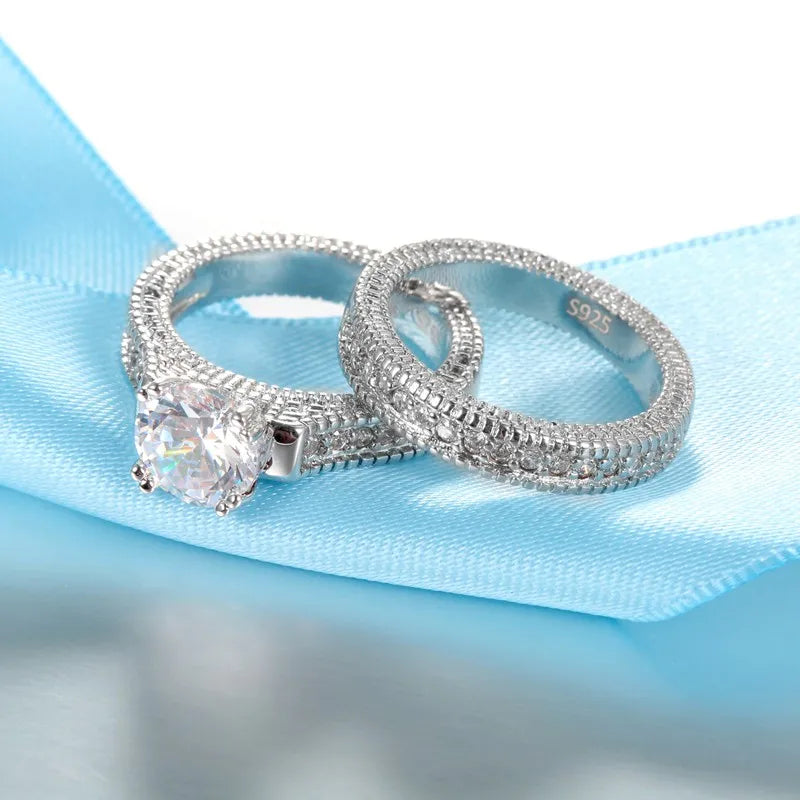 Elegant 925 Sterling Silver Couple Cubic Zircon Stone Rings