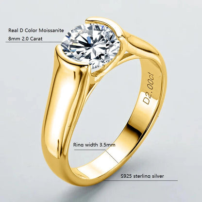 18K Gold Plated Moissanite Engagement Ring – 2.0 Carat D Color VVS1 for Women Men