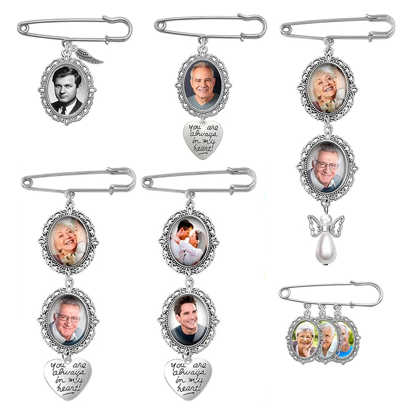 Wedding Bouquet Photo Brooches With Angel Wing Photo Frame Pendant for Bride Groom