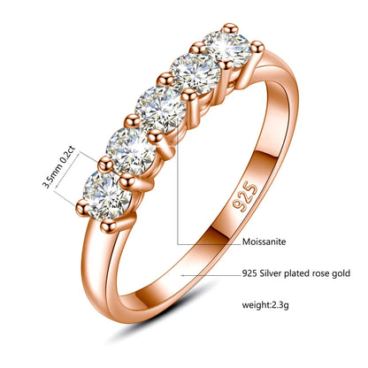 5 Stone Moissanite Ring Silver 925 100% Rose Gold Plated