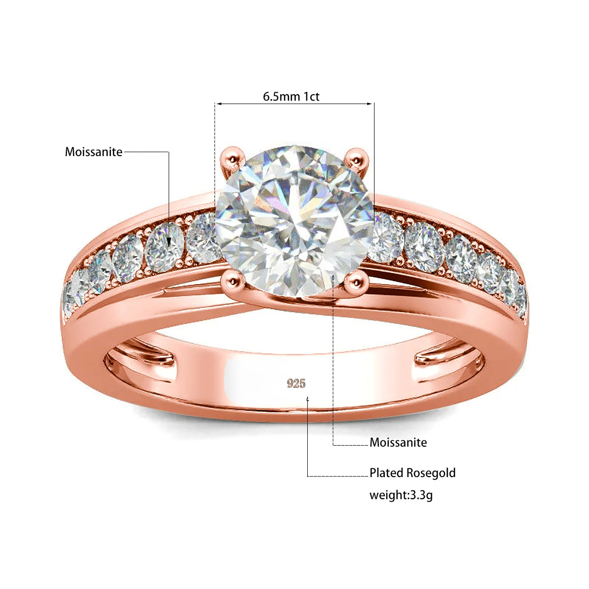 1 Carat Moissanite Ring for Women 925 Silver, Rhodium Plated, Certified Jewelry