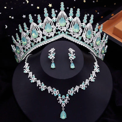 Blue Crown Bridal Jewelry Sets for Women Opal tiara Necklace Earrings Sets