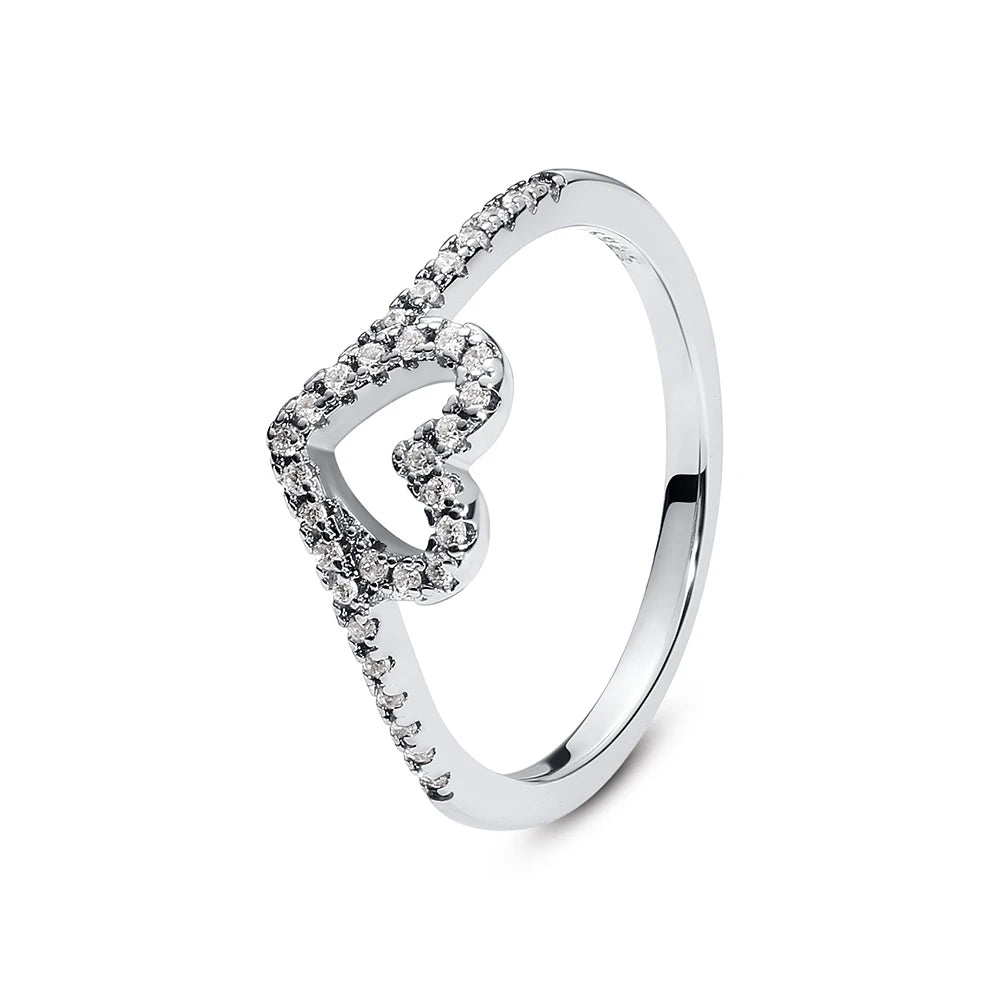 925 Sterling Silver Love Heart Crown Wishbone Zircon Ring