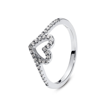 925 Sterling Silver Love Heart Crown Wishbone Zircon Ring