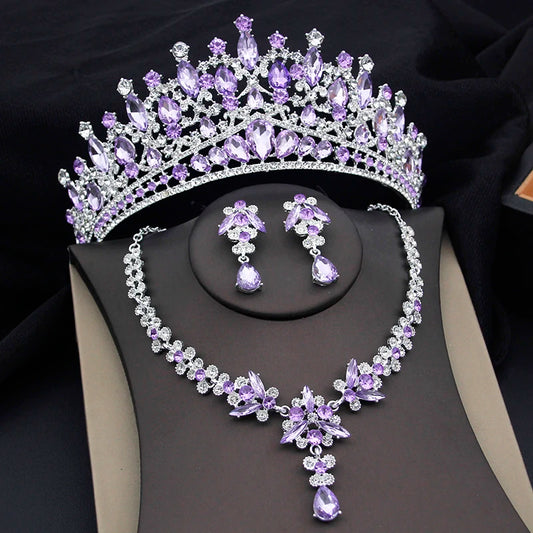 Purple Crystal Tiaras and Necklace Earrings Crown Bridal Sets Jewelry