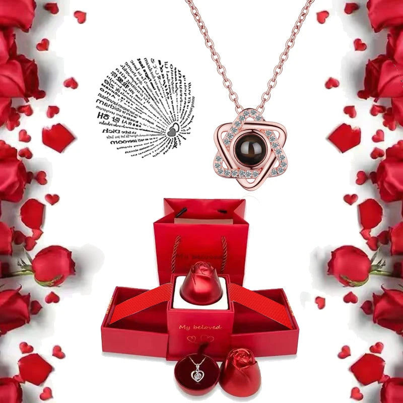 I Love You Projection S925 Necklace – 100 Languages with Rose Gift Box
