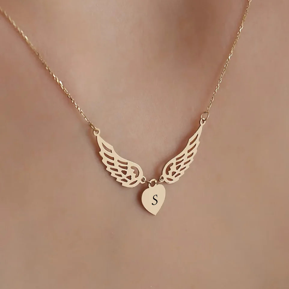 Custom Engraved Letters Angel Wings Heart Pendant Necklace For Women