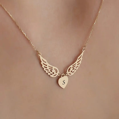Custom Engraved Letters Angel Wings Heart Pendant Necklace For Women
