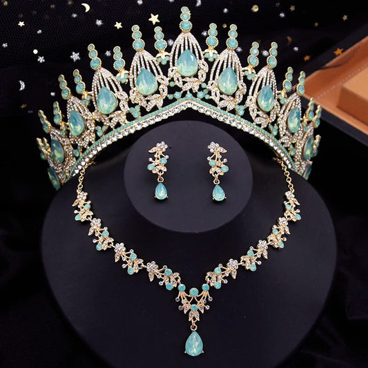 Blue Crown Bridal Jewelry Sets for Women Opal tiara Necklace Earrings Sets