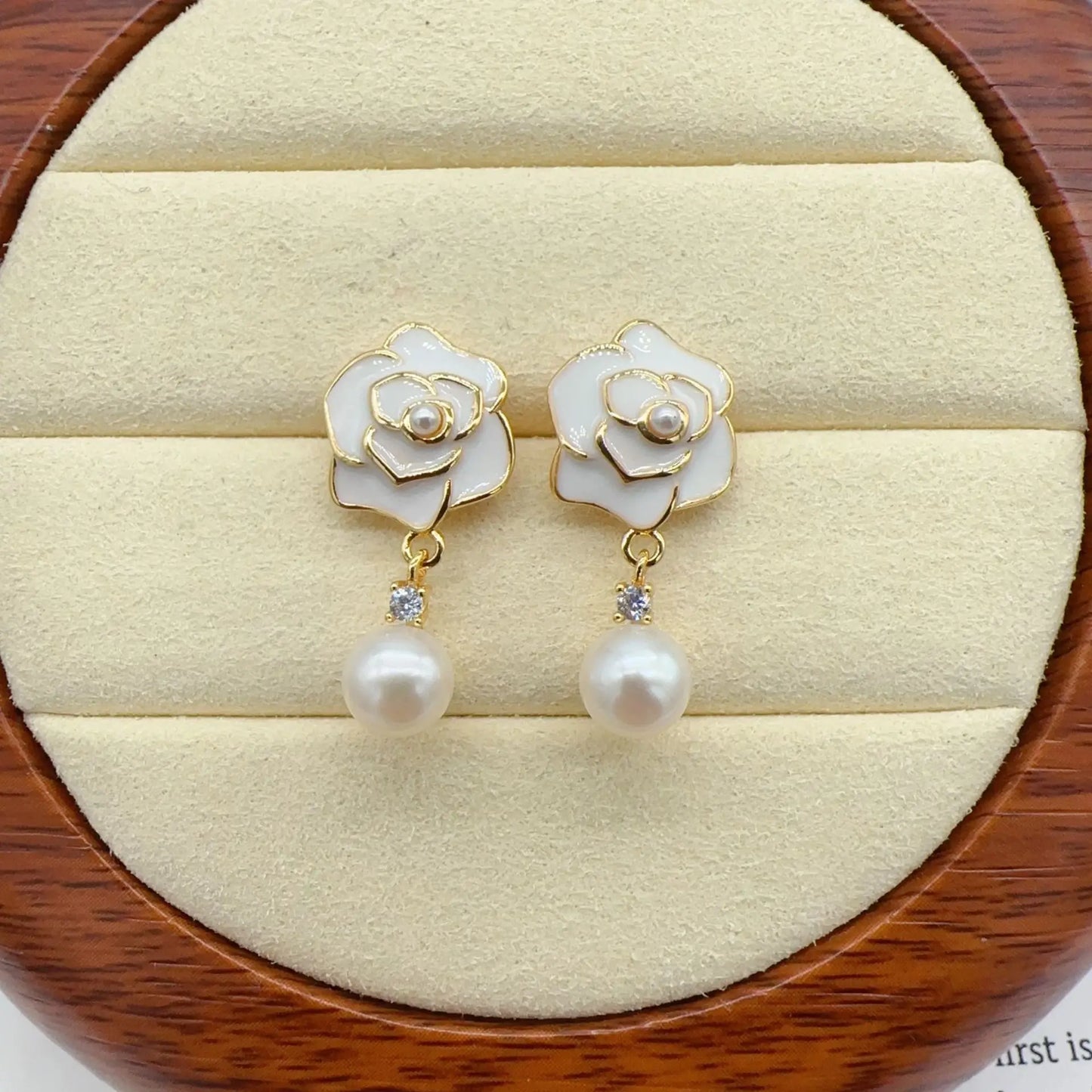 14K Gold Filled Camellia Pearl Stud Earrings for Women