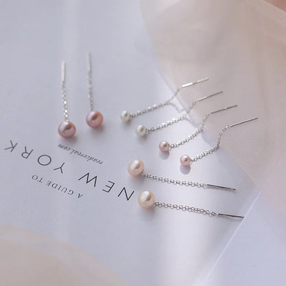 925 Sterling Silver Tassel Pearl Earrings – Elegant Korean Style for Women
