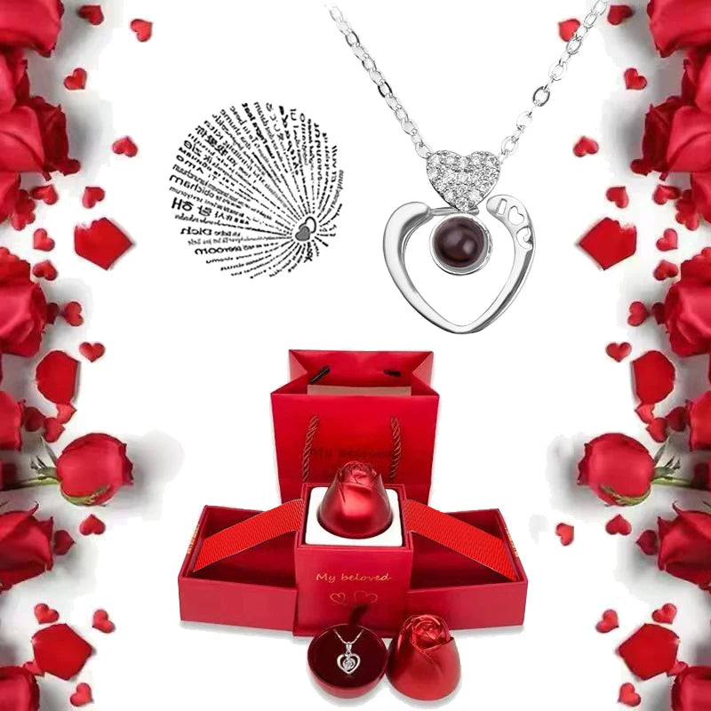 I Love You Projection S925 Necklace – 100 Languages with Rose Gift Box