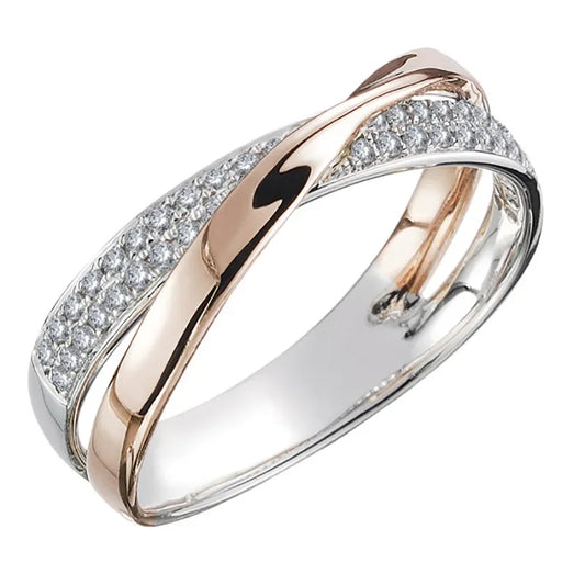 Classic 925 Sterling Silver Two Tone X Shape Cross Zircon Ring