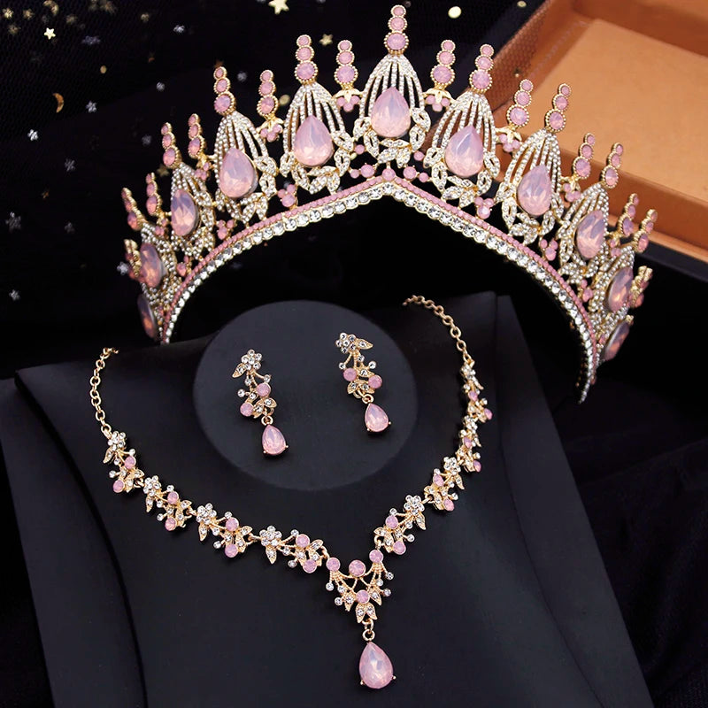 Blue Crown Bridal Jewelry Sets for Women Opal tiara Necklace Earrings Sets