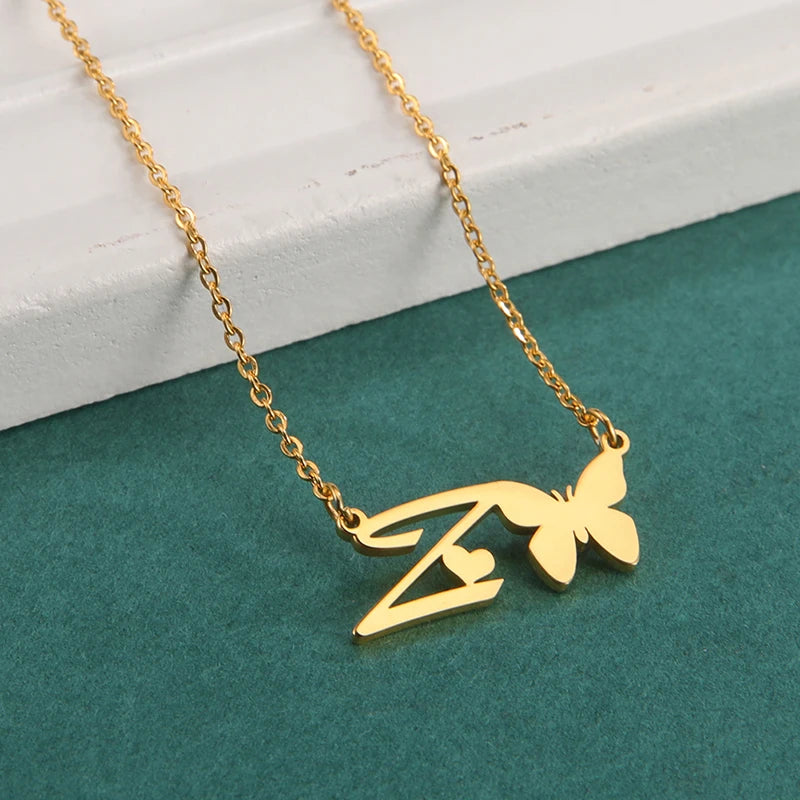 New Fashion 26 Initials Letter Pendant Butterfly Necklace