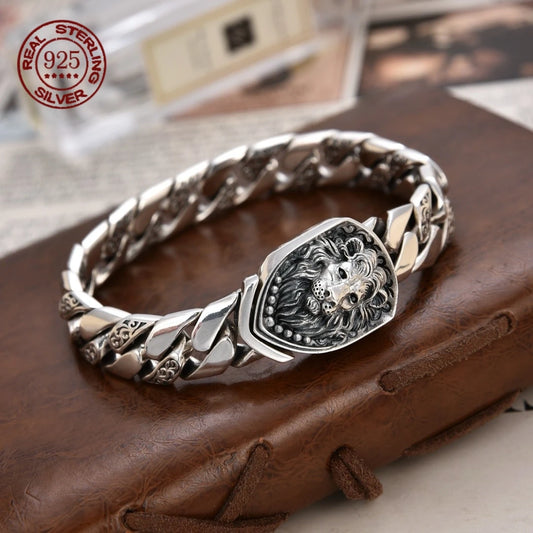 S925 Sterling Silver Lion Tank Men’s Bracelet | Domineering Retro Vintage Design, Trendy Handmade Jewelry, Exquisite Gift