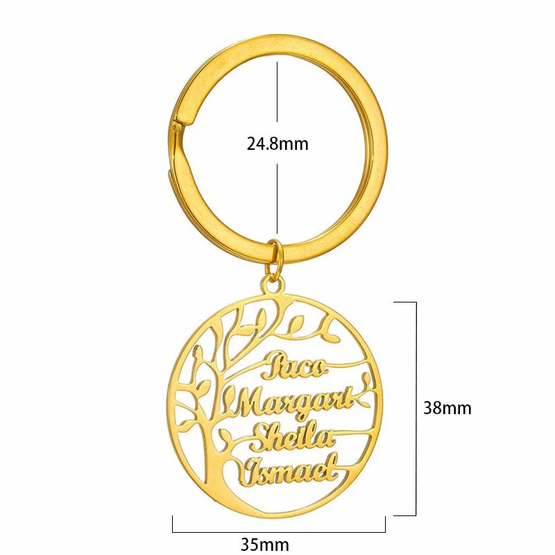 Tree of Life Keychain Customized Family Member Name Round Stainless Steel Keyring