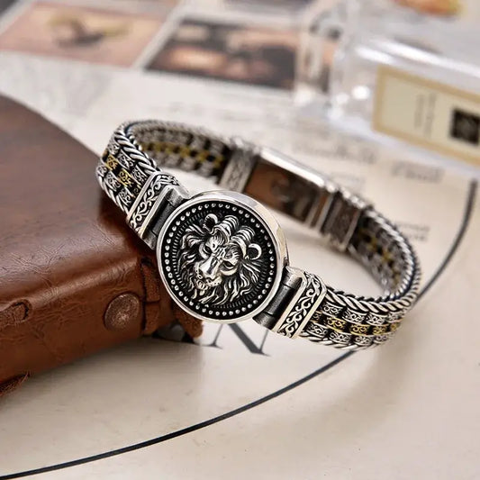 S925 Sterling Silver Retro Men’s Hand-Woven Rattan & Grass Pattern Bracelet | Circular Color-Block Design, Trendy Handmade Jewelry