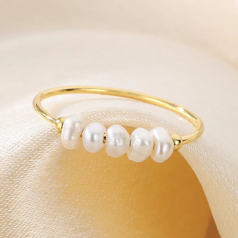 Gold Simulated Pearl Thin Ring – Waterproof Stainless Steel Index Finger Jewelry for Women
