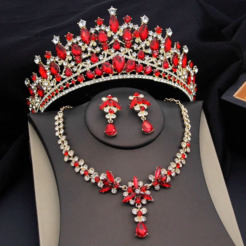Purple Crystal Tiaras and Necklace Earrings Crown Bridal Sets Jewelry
