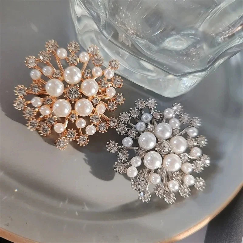 Luxury Snowflake Pearl Crystal Brooch For Women's Jewelry