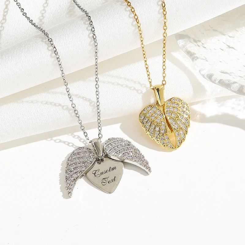 Uniqueura Custom Text Angel Wings Locket Necklace for Women Angel