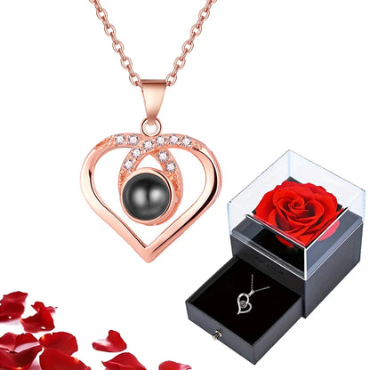 Projection S925 Silver Necklace Set with Rose Gift Box – "I Love You" in 100 Languages