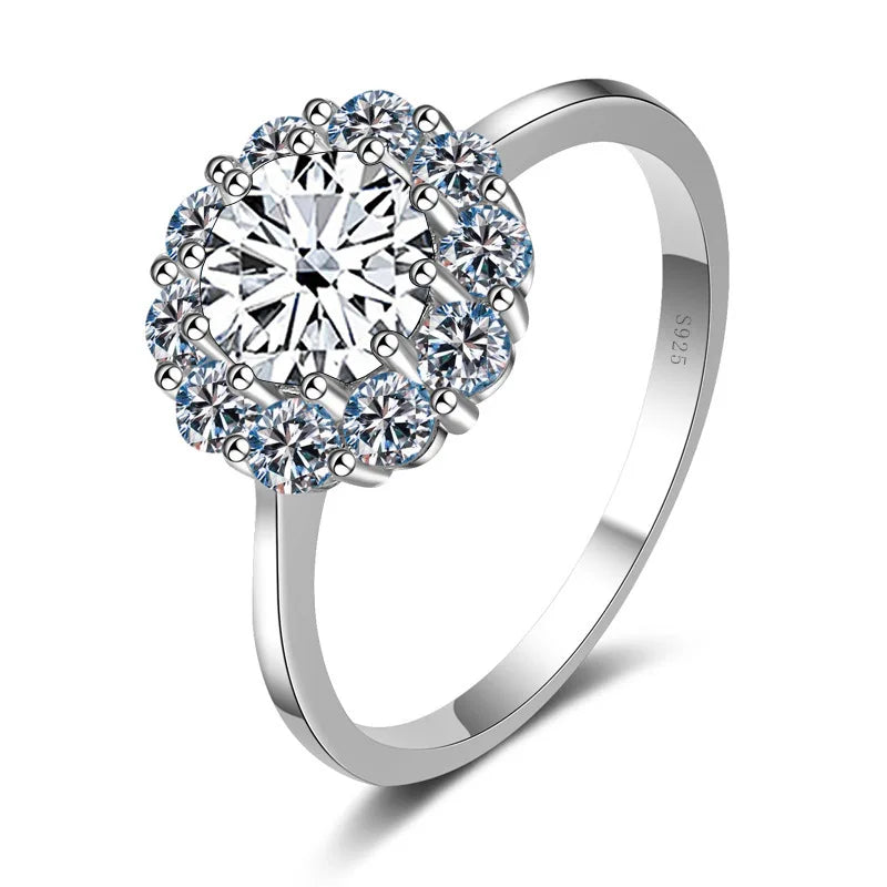 Round Cut Flower Shape 1CT Blue Green Moissanite Ring S925 Silver